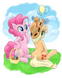 Size: 1638x2048 | Tagged: safe, artist:gamijack, applejack, pinkie pie, g4, balloon, basket, belly button, candy, duo, food, lollipop