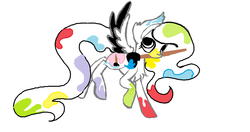 Size: 1075x566 | Tagged: safe, artist:haillee, oc, oc only, oc:paschel colors, pegasus, pony, colorful, digital, ear fluff, flying, happy, mouth hold, ms paint, paint, paintbrush, simple background, smiling, solo, spread wings, white background