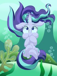 Size: 4069x5446 | Tagged: safe, artist:lovehtf421, starlight glimmer, pony, unicorn, g4, absurd resolution, adorable distress, bubble, cute, drowning, female, floppy ears, glimmerbetes, holding breath, magic, mare, puffy cheeks, solo, underhoof, underwater