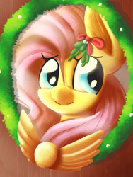 Size: 1536x2048 | Tagged: safe, artist:silviasilvar, fluttershy, pegasus, pony, g4, bust, female, looking away, looking sideways, mistletoe, portrait, smiling, solo, stray strand