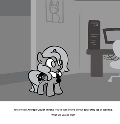 Size: 666x691 | Tagged: safe, artist:egophiliac, princess luna, pony, moonstuck, g4, ask, average woona, comic, female, filly, grayscale, monochrome, smiling, solo, standing, tumblr, woona, younger