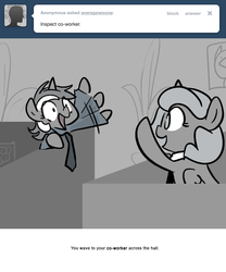 Size: 666x800 | Tagged: safe, artist:egophiliac, lyra heartstrings, princess luna, moonstuck, g4, ask, average woona, comic, duo, filly, grayscale, monochrome, tumblr, waving, woona, younger