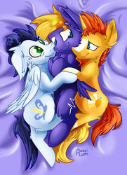 Size: 1280x1770 | Tagged: safe, artist:razzirum, soarin', sunburst, oc, oc:cloud quake, pegasus, pony, g4, cuddling, gay, hug, male, nuzzling, polyamory, snuggling, stallion