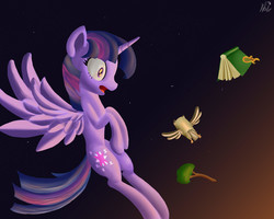 Size: 2500x2000 | Tagged: safe, artist:moonsolace, owlowiscious, twilight sparkle, alicorn, pony, g4, book, high res, night, night sky, twilight sparkle (alicorn)