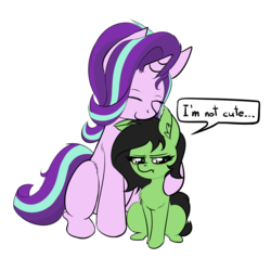 Size: 2014x1919 | Tagged: safe, artist:duop-qoub, starlight glimmer, oc, oc:filly anon, earth pony, pony, unicorn, g4, :t, adoranon, blatant lies, blushing, chest fluff, cute, ear fluff, eyes closed, female, filly, foal, hug, i'm not cute, mare, simple background, sitting, smiling, speech bubble, white background