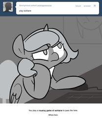 Size: 666x800 | Tagged: safe, artist:egophiliac, princess luna, pony, moonstuck, g4, ask, average woona, comic, female, filly, grayscale, luna is not amused, monochrome, solo, tumblr, unamused, woona, younger