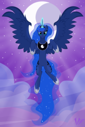 Size: 2000x3000 | Tagged: safe, artist:virenth, princess luna, pony, g4, cloud, crepuscular rays, female, flying, high res, looking at you, magic, moon, moonlight, night, solo, stars