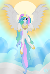 Size: 2000x3000 | Tagged: safe, artist:virenth, princess celestia, pony, g4, cloud, crepuscular rays, female, flying, high res, looking at you, magic, solo, spread wings, sun