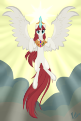 Size: 2000x3000 | Tagged: safe, artist:virenth, oc, oc only, oc:fausticorn, alicorn, pony, g4, alicorn oc, cloud, crepuscular rays, element of generosity, element of honesty, element of kindness, element of laughter, element of loyalty, element of magic, elements of harmony, female, flying, glowing horn, goddess, high res, horn, magic, mare, solo, spread wings, wings