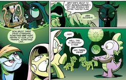 Size: 1040x661 | Tagged: safe, artist:andypriceart, idw, official comic, fluttershy, queen chrysalis, rainbow dash, scootaloo, spike, twilight sparkle, changeling, changeling queen, dragon, pegasus, pony, unicorn, g4, the return of queen chrysalis, spoiler:comic, spoiler:comic01, comic, female, filly, male, mare, unicorn twilight