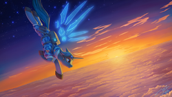 Size: 2500x1406 | Tagged: safe, artist:1jaz, oc, oc only, pony, unicorn, artificial wings, augmented, bald, clothes, commission, goggles, knife, magic, magic wings, male, military uniform, parachute, skydiving, solo, sunset, wings