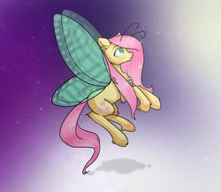 Size: 1024x890 | Tagged: safe, artist:katarina-dash, fluttershy, insect, pony, g4, antennae, blushing, butterfly wings, chest fluff, female, floating, looking up, profile, solo, unshorn fetlocks