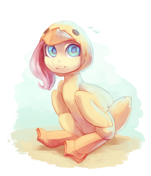 Size: 1600x1873 | Tagged: safe, artist:aphphphphp, fluttershy, duck, pony, g4, clothes, costume, female, flippers (gear), flutterduck, looking at you, pegaduck, sitting, solo