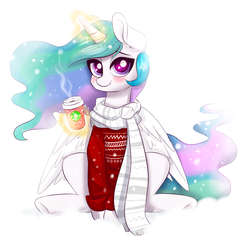 Size: 1314x1273 | Tagged: safe, artist:confetticakez, princess celestia, pony, g4, clothes, coffee cup, cup, cute, cutelestia, female, looking at you, magic, pumkinroll is trying to murder us, scarf, simple background, smiling, solo, sweater, telekinesis, white background