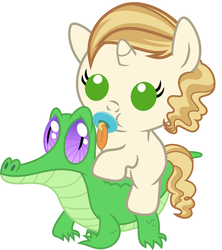 Size: 836x942 | Tagged: safe, artist:red4567, gummy, sweet biscuit, pony, g4, adorabiscuit, baby, baby pony, cute, pacifier, ponies riding gators, riding, sweet biscuit riding gummy, weapons-grade cute
