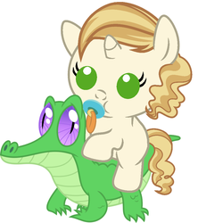 Size: 836x942 | Tagged: safe, artist:red4567, gummy, sweet biscuit, pony, g4, adorabiscuit, baby, baby pony, cute, pacifier, ponies riding gators, riding, weapons-grade cute