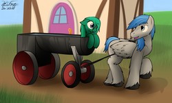 Size: 1280x767 | Tagged: safe, artist:the-furry-railfan, oc, oc only, oc:depth charge, oc:featherweight, merpony, pegasus, pony, outdoors, ponyville, pulling, size difference, unshorn fetlocks, water