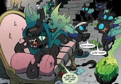 Size: 1040x729 | Tagged: safe, artist:andypriceart, idw, official comic, megasoma, queen chrysalis, tagma, changeling, changeling queen, g4, the return of queen chrysalis, spoiler:comic, spoiler:comic04, bandage, bandaged horn, bandaid, changeling officer, female, horn, speech bubble, that awkward moment when you feel sorry for the villain