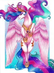 Size: 600x812 | Tagged: safe, artist:lord-aragoon, princess celestia, pony, g4, both cutie marks, colored pencil drawing, female, flying, solo, traditional art, watercolor painting