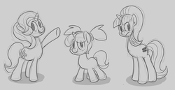 Size: 1280x663 | Tagged: safe, artist:benja, starlight glimmer, pony, unicorn, g4, angry, blushing, equal cutie mark, female, filly, filly starlight glimmer, grayscale, happy, monochrome, multeity, no pupils, open mouth, pigtails, raised hoof, s5 starlight, self ponidox, sketch, smiling, triality, trio, triple the glimmer, underhoof, younger