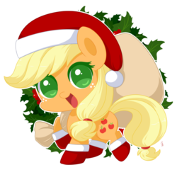 Size: 600x600 | Tagged: safe, artist:exceru-karina, applejack, earth pony, pony, g4, chibi, christmas, cute, female, freckles, hat, hnnng, holiday, jackabetes, looking at you, no pupils, open mouth, santa hat, simple background, smiling, solo, transparent background