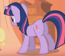 Size: 566x485 | Tagged: safe, screencap, applejack, twilight sparkle, pony, g4, look before you sleep, butt, cropped, female, golden oaks library, mare, plot, solo focus