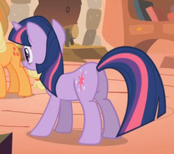 Size: 526x467 | Tagged: safe, screencap, applejack, twilight sparkle, pony, g4, look before you sleep, butt, cropped, female, golden oaks library, mare, plot, solo focus