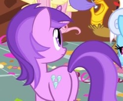 Size: 357x293 | Tagged: safe, screencap, amethyst star, fluttershy, gilda, sparkler, pony, g4, griffon the brush off, amethyst butt, butt, cropped, female, mare, plot, solo focus