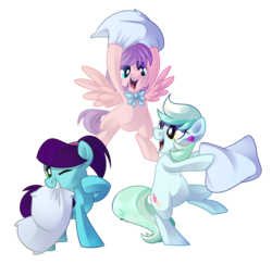 Size: 2142x2082 | Tagged: safe, artist:drawntildawn, oc, oc only, earth pony, pegasus, pony, high res, pillow, pillow fight, simple background, transparent background, trio