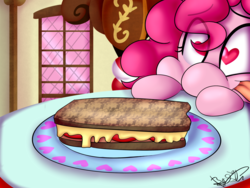 Size: 4000x3000 | Tagged: dead source, safe, artist:befishproductions, pinkie pie, earth pony, pony, g4, cheese, female, food, grilled cheese, heart eyes, literal, sandwich, signature, solo, wingding eyes