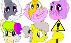 Size: 2000x1200 | Tagged: safe, artist:toyminator900, oc, oc only, oc:andandampersand, oc:aureai gray, oc:beauty cheat, oc:melody notes, oc:osha, earth pony, pegasus, pony, female, looking at you, mare, open mouth, sign, simple background, smiling, transparent background