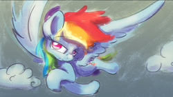 Size: 2404x1352 | Tagged: safe, artist:ruby, rainbow dash, pegasus, pony, g4, cloud, female, flying, looking at you, solo, unimpressed