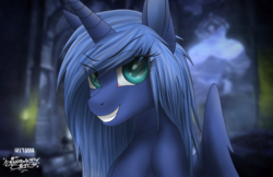 Size: 3400x2200 | Tagged: safe, artist:mcflurrylazermuffin, princess luna, anthro, g4, cute, female, grin, high res, lunabetes, s1 luna, scenery, signature, smiling, solo