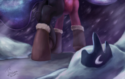 Size: 1821x1150 | Tagged: safe, artist:insanerobocat, princess luna, pony, g4, boots, christmas, clothes, costume, crown, female, jewelry, regalia, santa costume, snow, snowfall, solo, uggs, winter