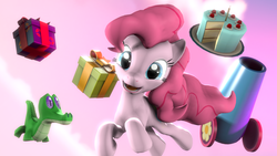 Size: 1280x720 | Tagged: safe, artist:sugarcube-cake, gummy, pinkie pie, alligator, reptile, g4, 3d, birthday cake, birthday gift, cake, female, food, midair, party cannon, source filmmaker