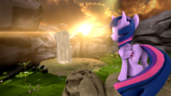 Size: 1920x1080 | Tagged: safe, artist:goldeneye000, twilight sparkle, alicorn, pony, g4, 3d, butt, cliff, female, lens flare, plot, solo, twilight sparkle (alicorn), waterfall