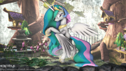 Size: 3840x2160 | Tagged: safe, artist:serenitysartwork, princess celestia, pony, g4, 3d, beautiful, bird house, female, fountain, high res, looking over shoulder, plants, pose, signature, solo, source filmmaker, tree