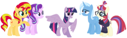Size: 1024x310 | Tagged: safe, artist:tacygirl, moondancer, starlight glimmer, sunset shimmer, trixie, twilight sparkle, alicorn, pony, g4, counterparts, lidded eyes, magical quartet, magical quintet, magical trio, raised hoof, simple background, smiling, spread wings, transparent background, twilight sparkle (alicorn), twilight's counterparts