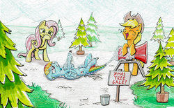 Size: 900x563 | Tagged: safe, artist:helmie-art, applejack, fluttershy, rainbow dash, g4, annoyed, christmas tree, laughing, net, snow, spruce tree, traditional art, trapped, tree, trio, winter