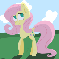 Size: 3000x3000 | Tagged: safe, artist:binkyt11, fluttershy, pegasus, pony, g4, cloud, crossed hooves, cutie mark, female, folded wings, high res, hooves, lineless, looking away, looking back, mare, medibang paint, minimalist, no catchlights, no pupils, shy, solo, watermark, wings