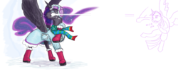 Size: 2000x791 | Tagged: safe, artist:testostepone, nightmare moon, twilight sparkle, alicorn, pony, g4, boots, clothes, scarf, snow, snowball, snowball fight, twilight sparkle (alicorn), winter