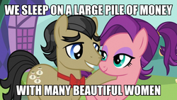 Size: 1056x594 | Tagged: safe, edit, edited screencap, screencap, filthy rich, spoiled rich, g4, where the apple lies, cute, image macro, implied bisexual, implied orgy, meme, ship:spoilthy, spoiled cute, spoiled milk
