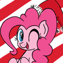 Size: 583x583 | Tagged: safe, artist:mang, pinkie pie, pony, g4, christmas, female, hat, one eye closed, santa hat, smiling, solo, wink