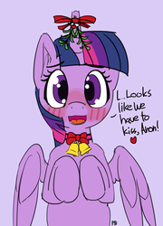Size: 1280x1782 | Tagged: safe, artist:pabbley, twilight sparkle, alicorn, pony, g4, bell, blushing, bow, bronybait, collar, dialogue, female, horn, implied anon, looking at you, mistletoe, mistletoe horn, open mouth, solo, spread wings, twilight sparkle (alicorn)