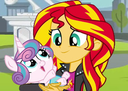 Size: 2889x2054 | Tagged: safe, princess flurry heart, sunset shimmer, pony, equestria girls, g4, auntie sunset, canterlot high, cute, flurrybetes, high res, holding a pony