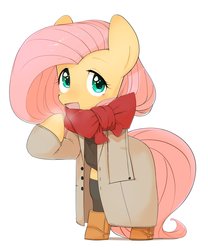 Size: 3408x4096 | Tagged: safe, artist:30clock, fluttershy, pony, g4, boots, clothes, coat, cute, female, looking at you, scarf, shyabetes, simple background, solo, white background