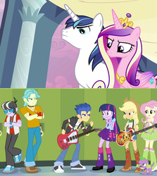 Size: 2889x3237 | Tagged: safe, applejack, brawly beats, flash sentry, fluttershy, princess cadance, ringo, shining armor, spike, twilight sparkle, equestria girls, g4, my little pony equestria girls: rainbow rocks, battle of the bands, drama, flash drive (band), high res, hypocrisy, op is a duck, op is trying to start shit, op started shit, shining asshole