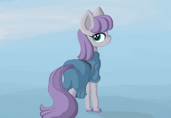 Size: 1878x1296 | Tagged: safe, artist:paskanaakka, derpibooru exclusive, maud pie, earth pony, pony, g4, clothes, dress, female, looking at you, looking back, solo, unshorn fetlocks
