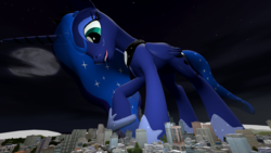 Size: 1920x1080 | Tagged: safe, artist:gmodpon-e, princess luna, pony, g4, 3d, city, cloud, cloudy, female, full moon, giant pony, hoof shoes, looking down, macro, night sky, open mouth, raised hoof, solo, stars