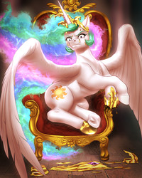 Size: 3600x4500 | Tagged: safe, artist:mykegreywolf, princess celestia, pony, g4, absurd resolution, angry, commission, female, frown, glare, gold, jewelry, large wings, lightning, looking at you, melted, melting, missing accessory, now you fucked up, rage, ragelestia, regalia, sexy, sitting, solo, spread wings, throne, underhoof, wide eyes, wings